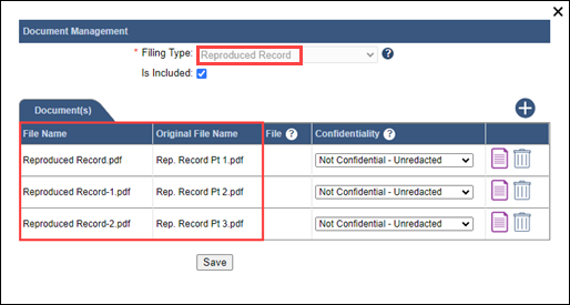 Document Management screen - multiple documents with incremental numbers in file name